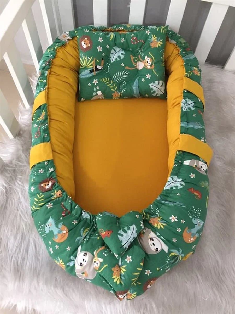 Babynestje en Hoofdkussen- Groen Schattig Dierenpatroon - 74 x 40 cm