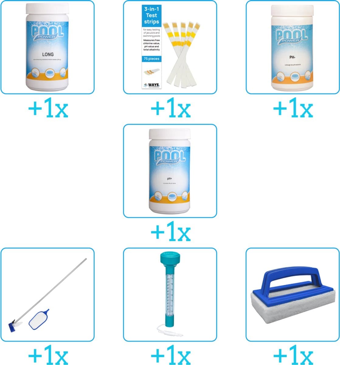 Zwembad Onderhoudspakket - Onderhoud Zwembad - bevat Chloor - Testrips - PH-min - PH-plus - Schoonmaakset - Thermometer en Scrubborstel (7-delig)