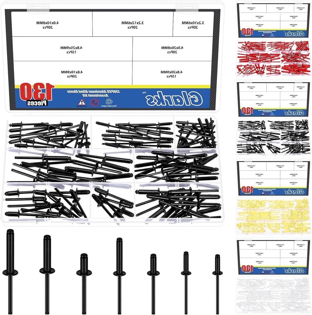130 Stuks Aluminium Blind Staples in 7 Maten, Pop Staples Assortiment met Grote Flens voor Diverse Toepassingen