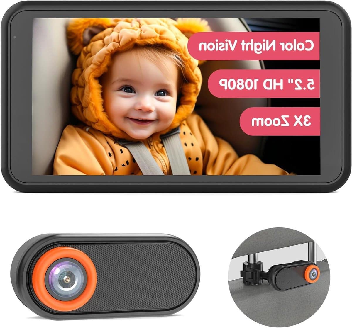 Baby Autocamera - Baby Monitor - Veilig Rijden - 360 Graden Verstelbaar - 5.2 inch Scherm - Zwart