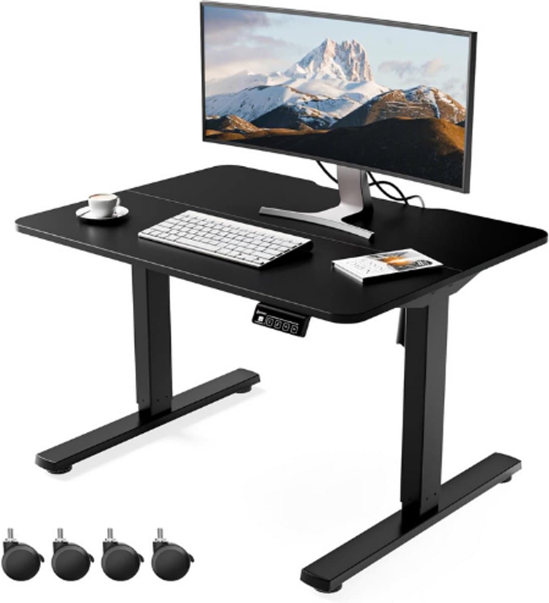 Ergomaker Elektrisch Sta-Bureau 80x60 Cm - In Hoogte Verstelbaar 48-75 Cm - Zit Sta Tafel Met Geheugenfunctie - Met Wieltjes En Haken - Compact En Ergonomisch Voor Thuiswerken - Zwart
