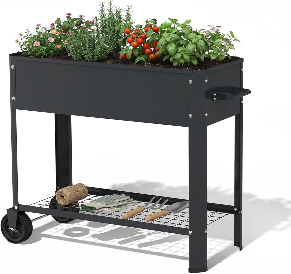 Verhoogd Bloembed - Plantenbak Mobiel - Tuinieren Comfortabel - Met Wielen Handgreep - 80 x 35 x 80 cm - Zwart