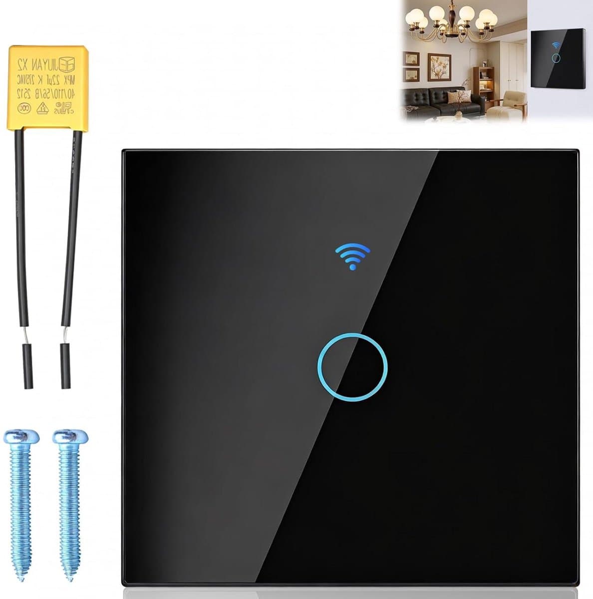 Slimme Touch Schakelaar - Wandschakelaar Wifi - Verlichting Bediening - Kristalglas Paneel - 86x86 mm - Zwart