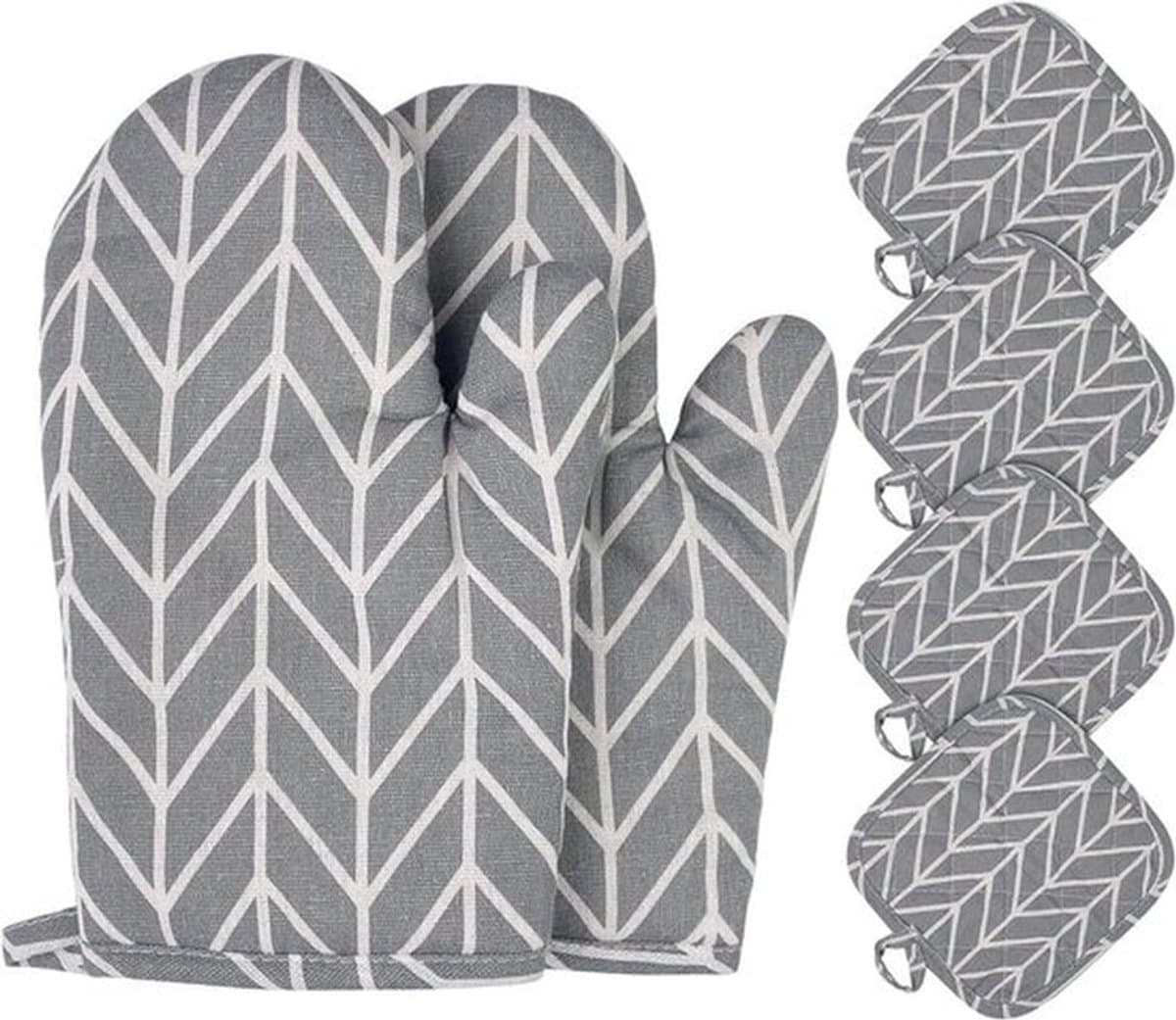 Hittebestendige ovenwanten, antislip ovenwanten van katoen, 1 paar ovenwanten en 4 pannenlappen, kookwanten, wasbare ovenwanten voor koken, bakken en grillen