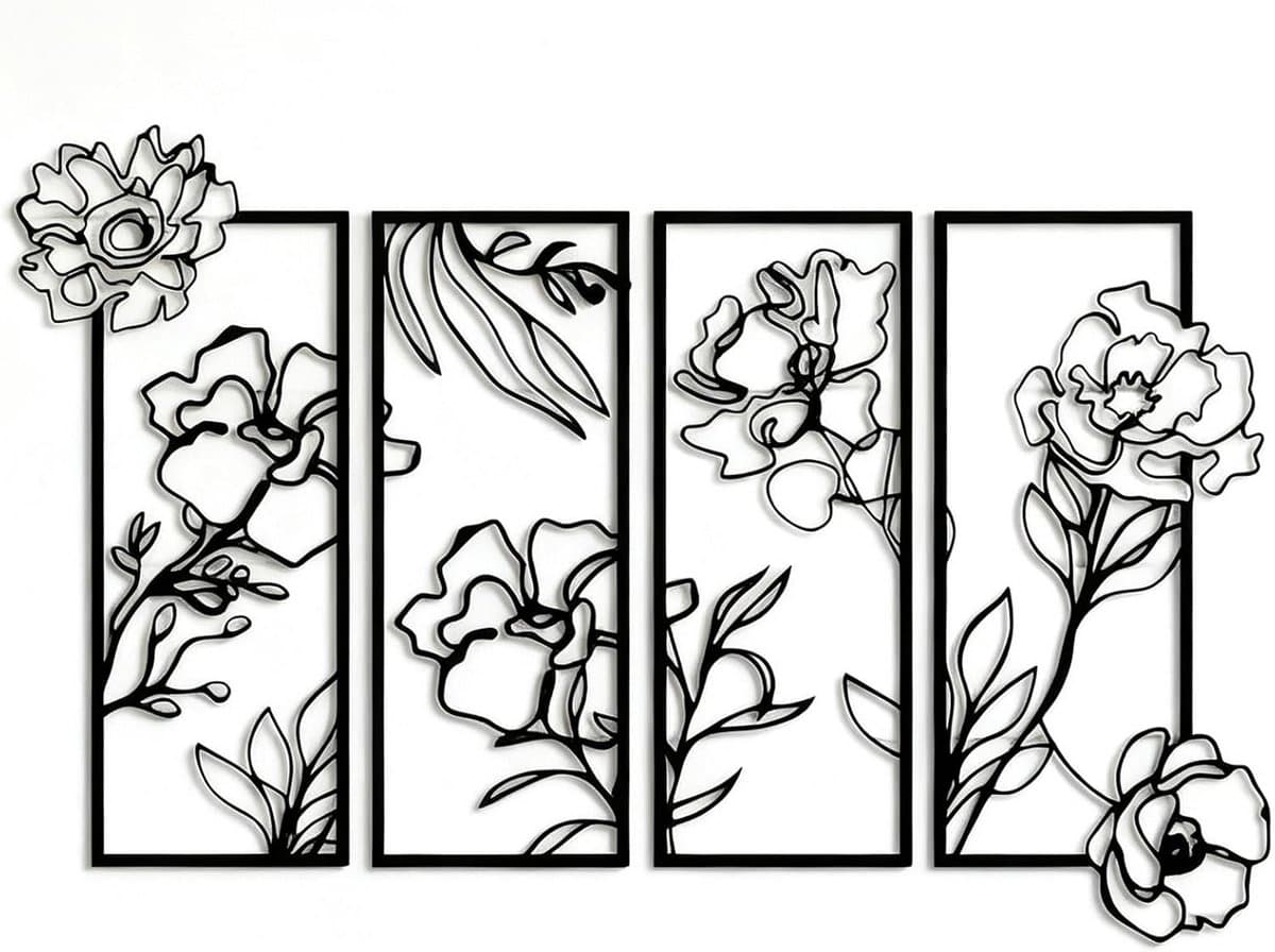 Set van 4 Metalen Bloemen Wanddecoraties - Minimalistische Zwarte IJzeren Kunst