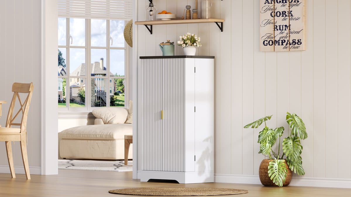 Keukenkast - Kast Met LED Sensorverlichting En Specerijenrek - 120cm Hoge Kast Met Verstelbare Planken - Witte Kast Met Gouden Handgrepen - Voor Keuken, Eetkamer Of Woonkamer