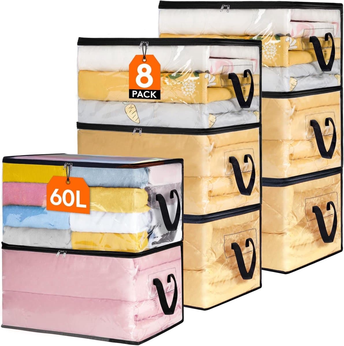 MeubelsvanJoep 8 stuks opbergdozen 55 x 35 x 31.5 CM, 60 Liter, opbergdoos met deksel, versterkte handgreep, kleding, opbergtas, kledingdoos, verhuisdozen voor kleding, jurken, beddengoed, transparant