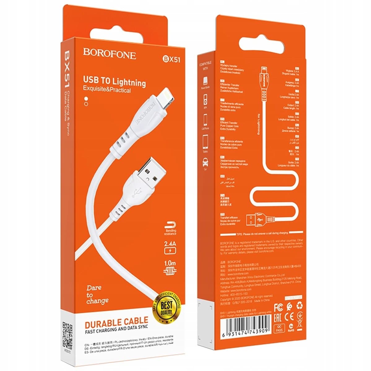Borofone BX51 Triumph Kabel USB naar Lightning 2.4A 1m Wit