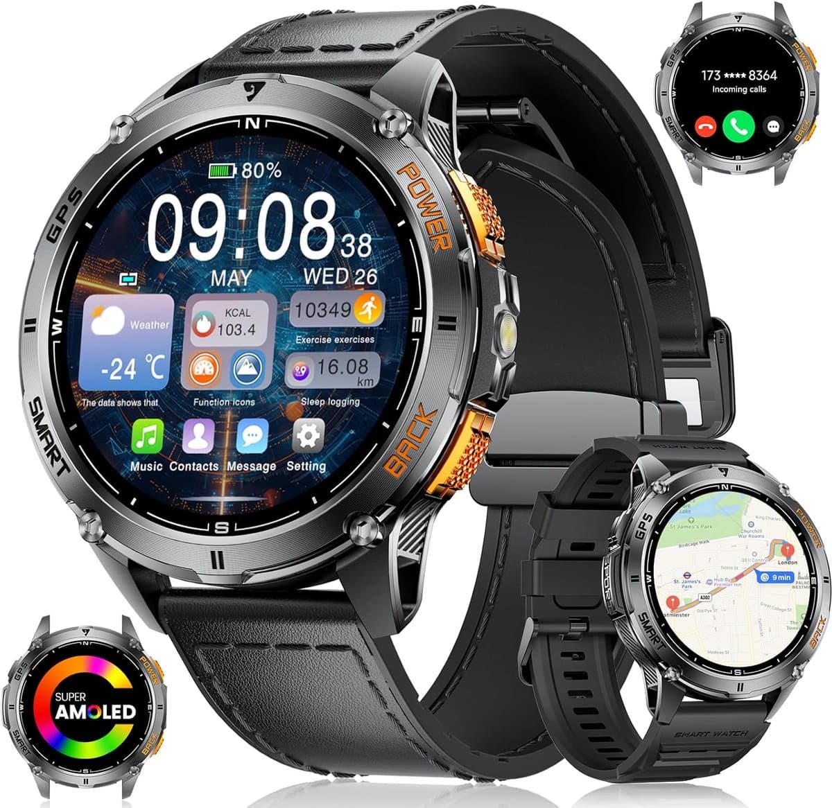 GPS Smartwatch voor Heren met AMOLED Display en 110+ Sportmodi