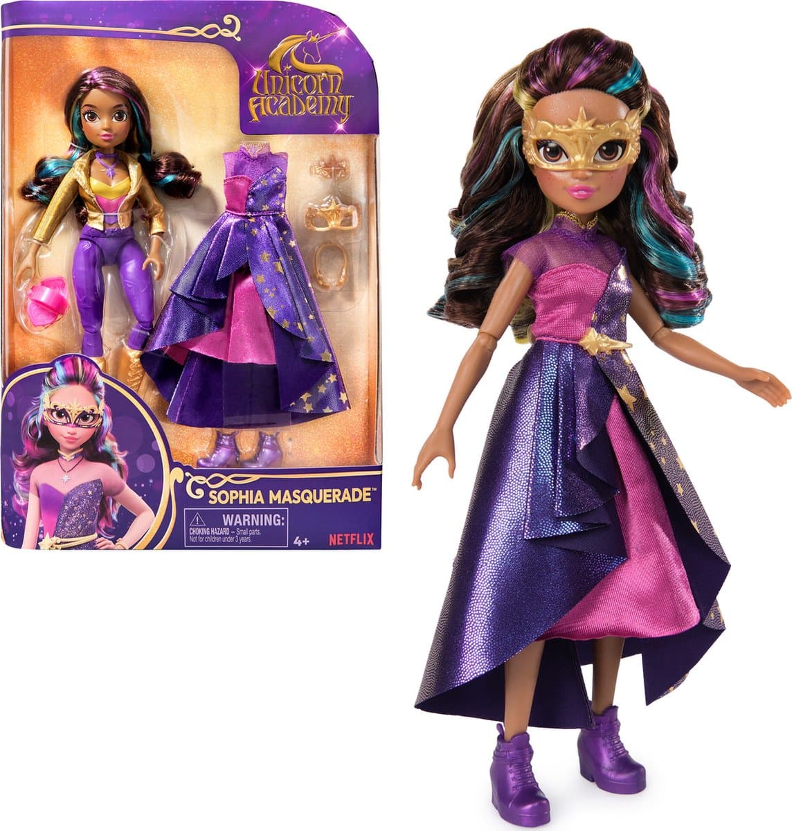 Unicorn Academy Sophia maskerade pop - 24 cm, regenboog haarkleur
