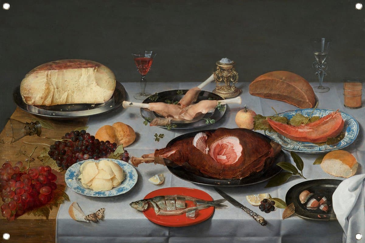 Stilleven met oesters, geroosterde kip, snoep en gedroogd fruit - Jacob van Hulsdonck tuinposter - Voedsel tuinposter - Tuinposter Stilleven - Buiten - Schutting poster - Wanddecoratie tuinposter 60x40 cm