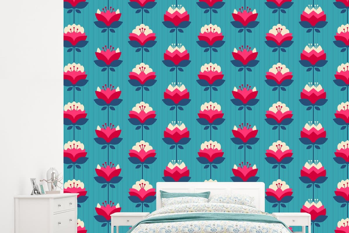Behang - Fotobehang Patronen - Retro - Bloemen - Lelie - Breedte 265 cm x hoogte 240 cm