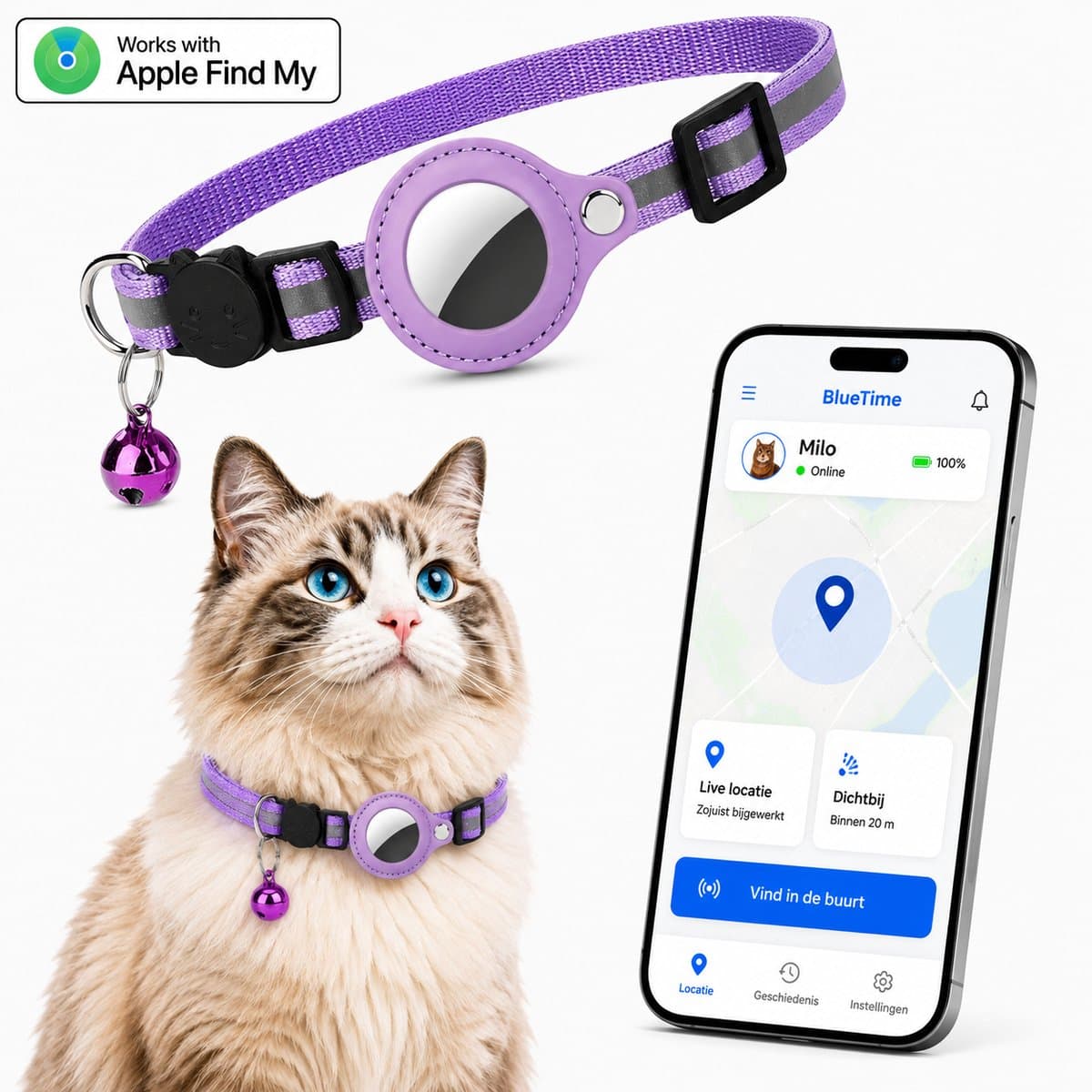 BlueTime ® - Kattenhalsband inclusief Tag - Halsband Kat & Kitten met Kattenbelletje - Gps Tracker Kat zonder Abonnement - Geschikt voor Apple Find My - Kattenbandje, Poes, Kattenriem air & Tuigje met Houder - Paars