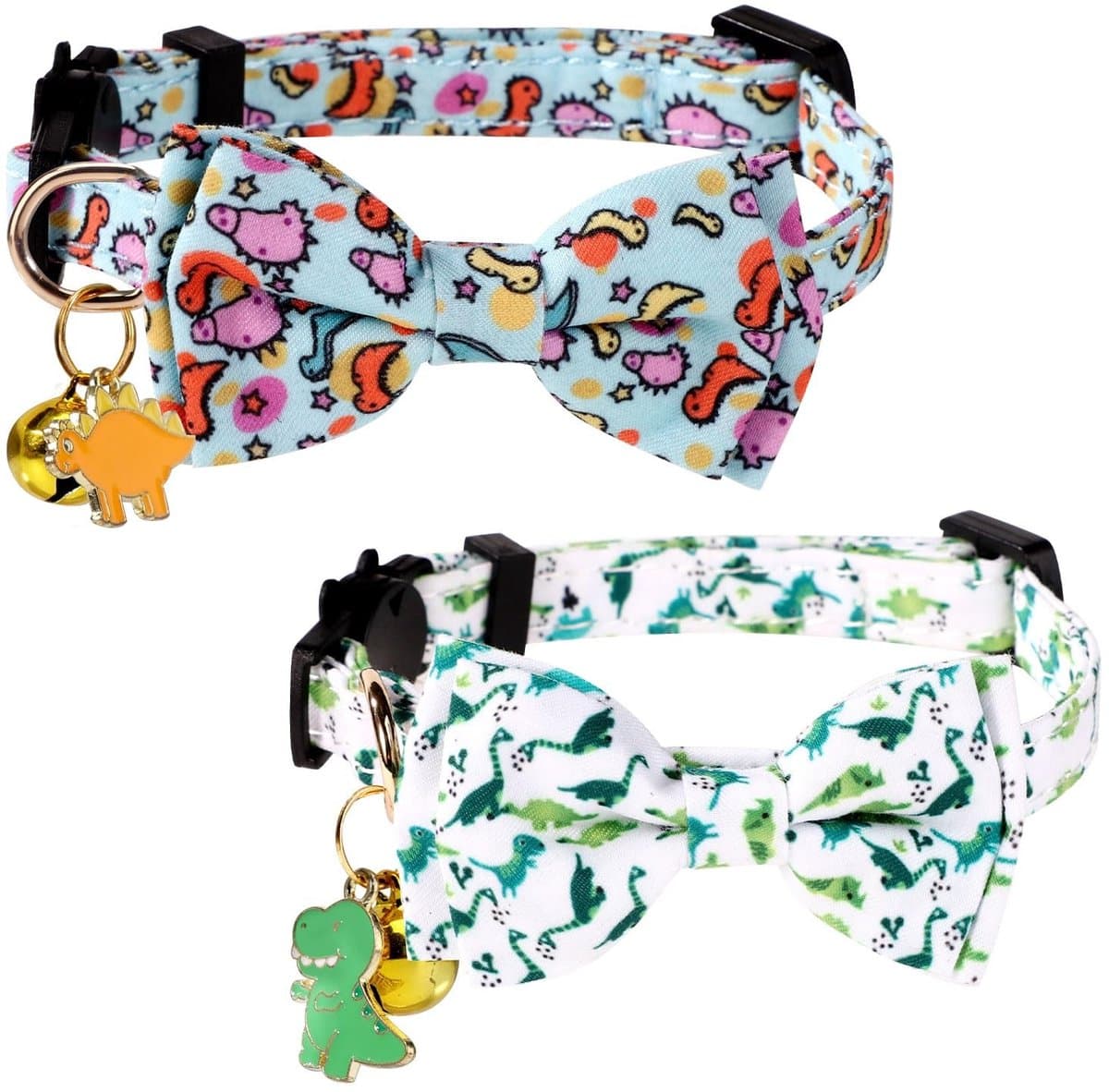 Gepatroonde Kattenhalsband met Dinosaurus Motief en Bel, Verstelbaar en Fancy voor Mannelijke en Vrouwelijke Katten - Set van 2