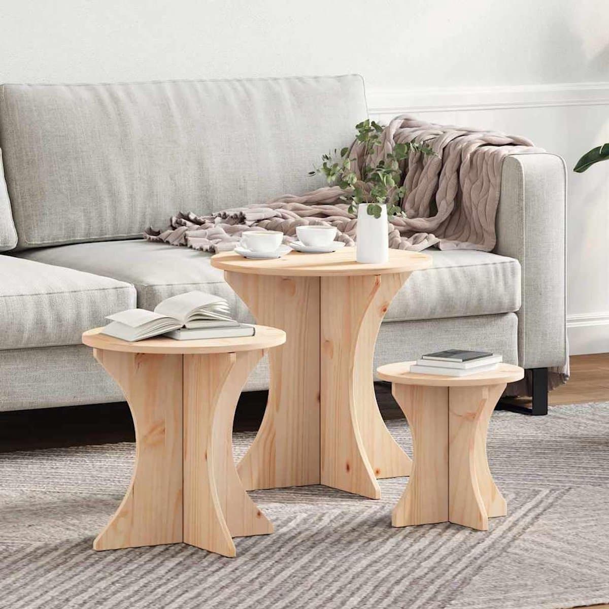 Salontafel Set - Drie Tafels - Woonkamer Inrichting - Massief Hout - 46x46x47 cm - Natuurlijk