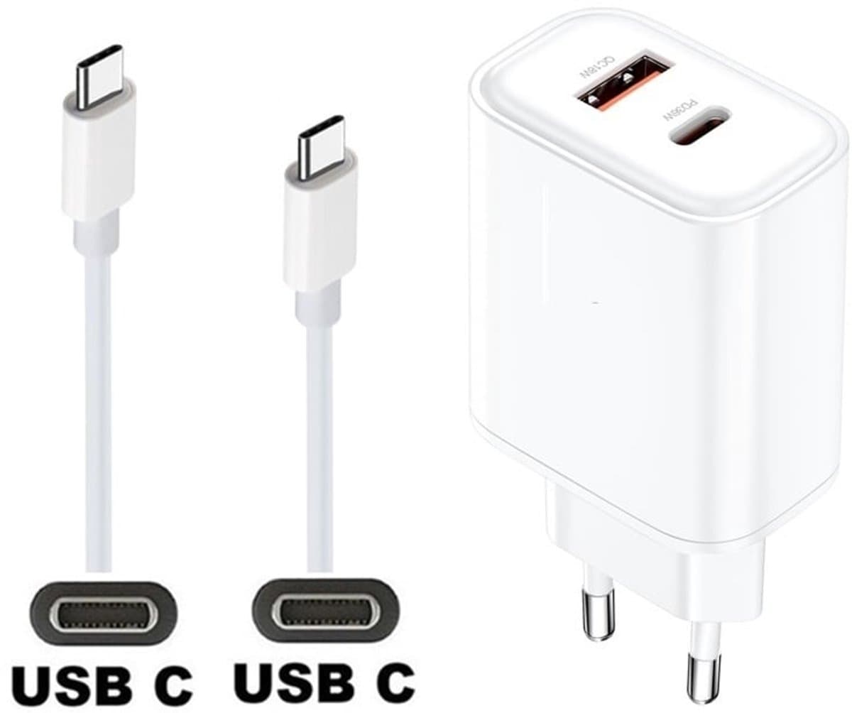 OneOne 36W snellader met 2 poorten + 0,5m sterke USB C naar C kabel. Witte PD PPS lader. GAN oplader adapter past op JBL Junior 320BT, 470NC, Jr 310BT, Jr 460NC, Live 670NC / 760NC / 770NC / Live Pro, Pro 2, Flex / Free NC+