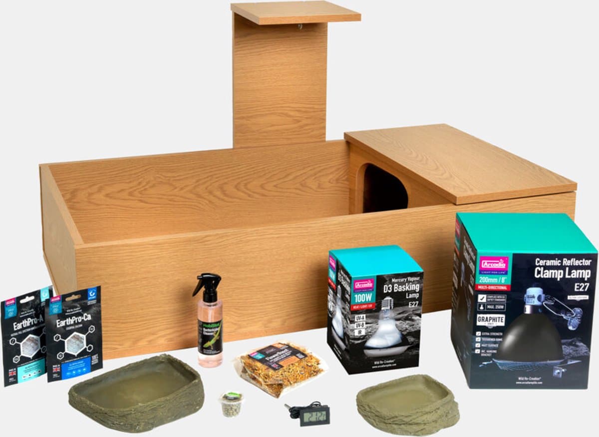 HabiStat Complete landschildpadden toebehoren set voor schildpaddentafel met UVB lamp 100W, verwarming, waterbakken, supplementen en reiniger