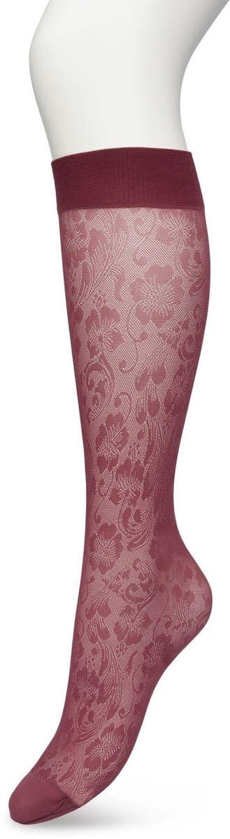 Bonnie Doon Dames Bloemen Panty Kniekousen Donker Paars/Rood maat 36/42 - Knie Kousen 20 denier - Gebloemd - Bloemen Print - Uitstekend draagcomfort - Fancy Flower Knee High - Kniesokken - Zakt niet af - OEKO-TEX - Crushed Violets - BP221803.192