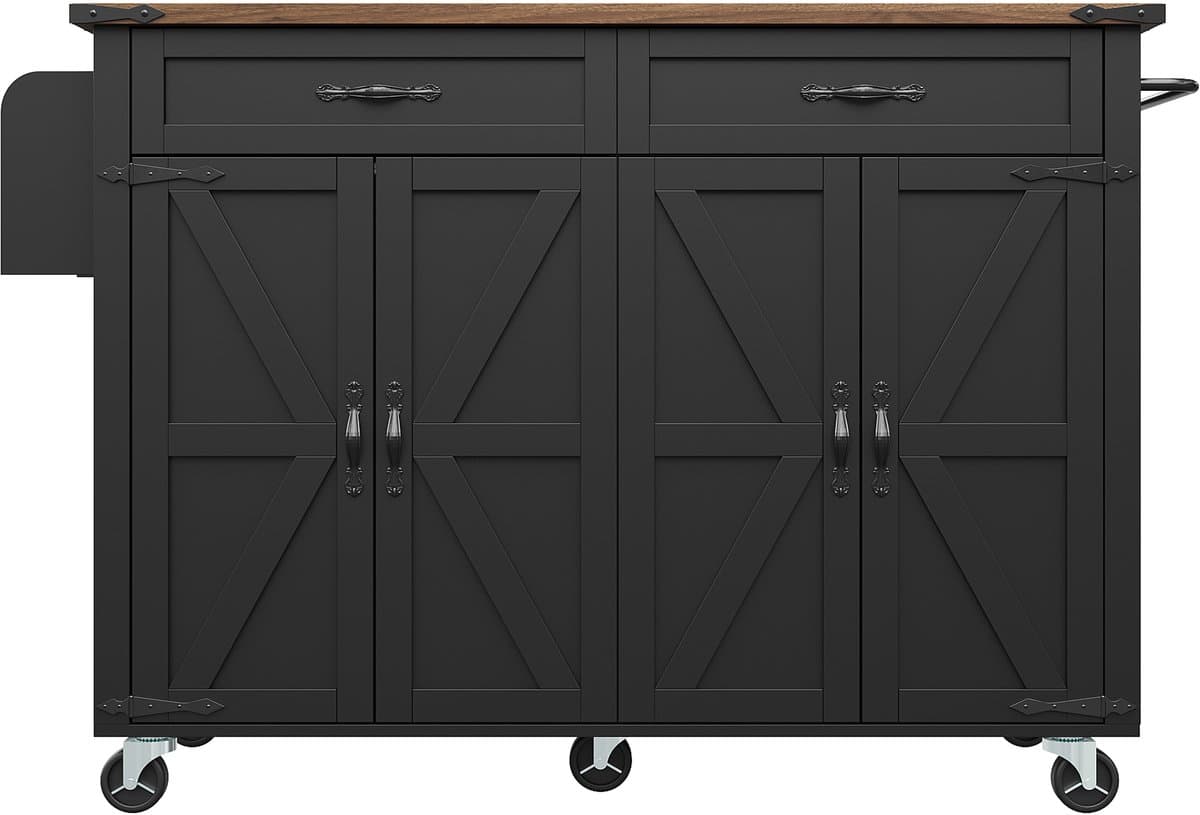 Urban Loft - Serie Metro - Keukenwagen / Keukeneiland 140 cm - Met Uitrekbaar Werkblad (tot 73 cm) - 2 Lades & 2 Deurkasten - Zwarte Houtlook & 5 Wieltjes