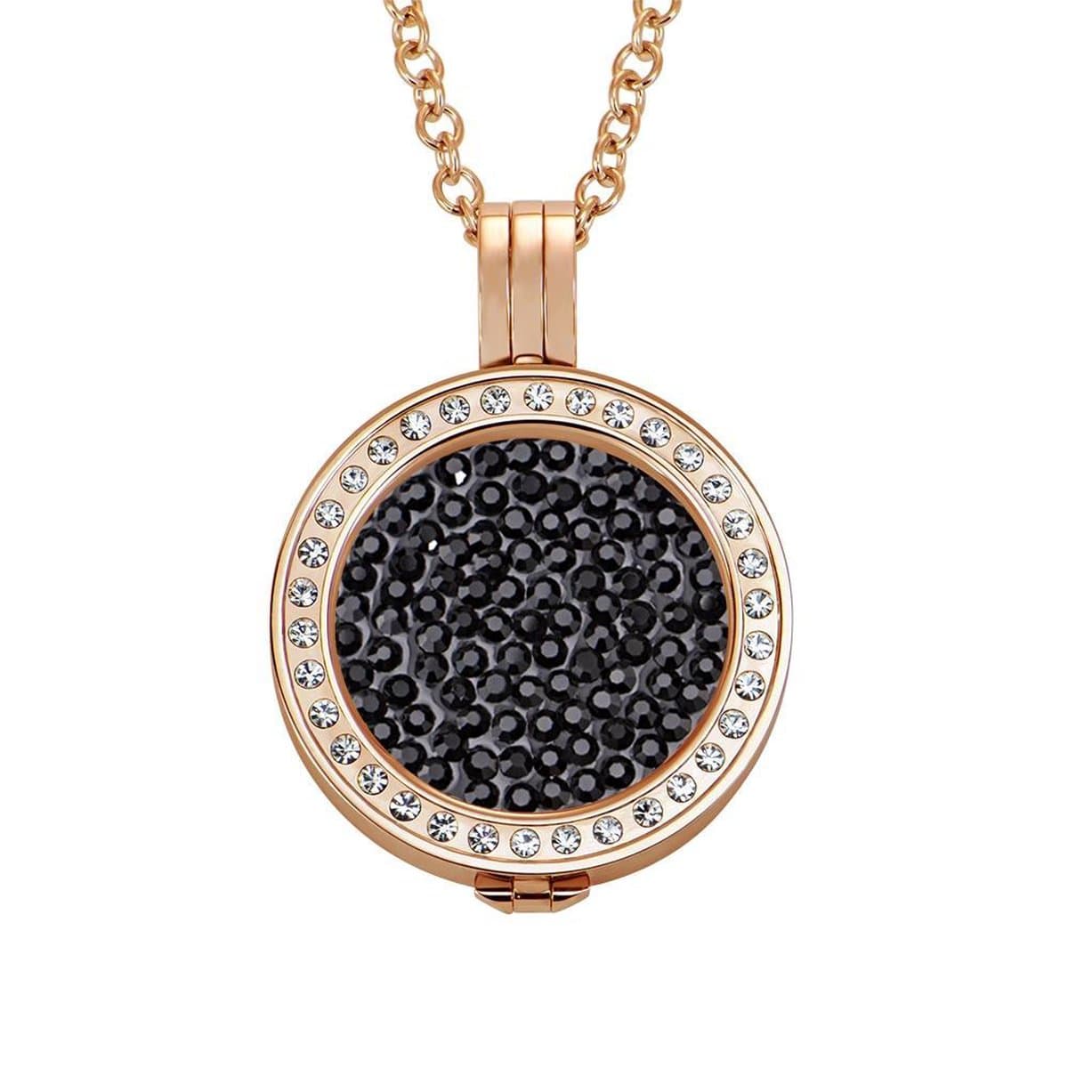 Quiges - Munthouder met Ketting en Munt 25mm Zirkonia Zwart - RVS Rose Goudkleurig met Zirkonia - EPRHZ189
