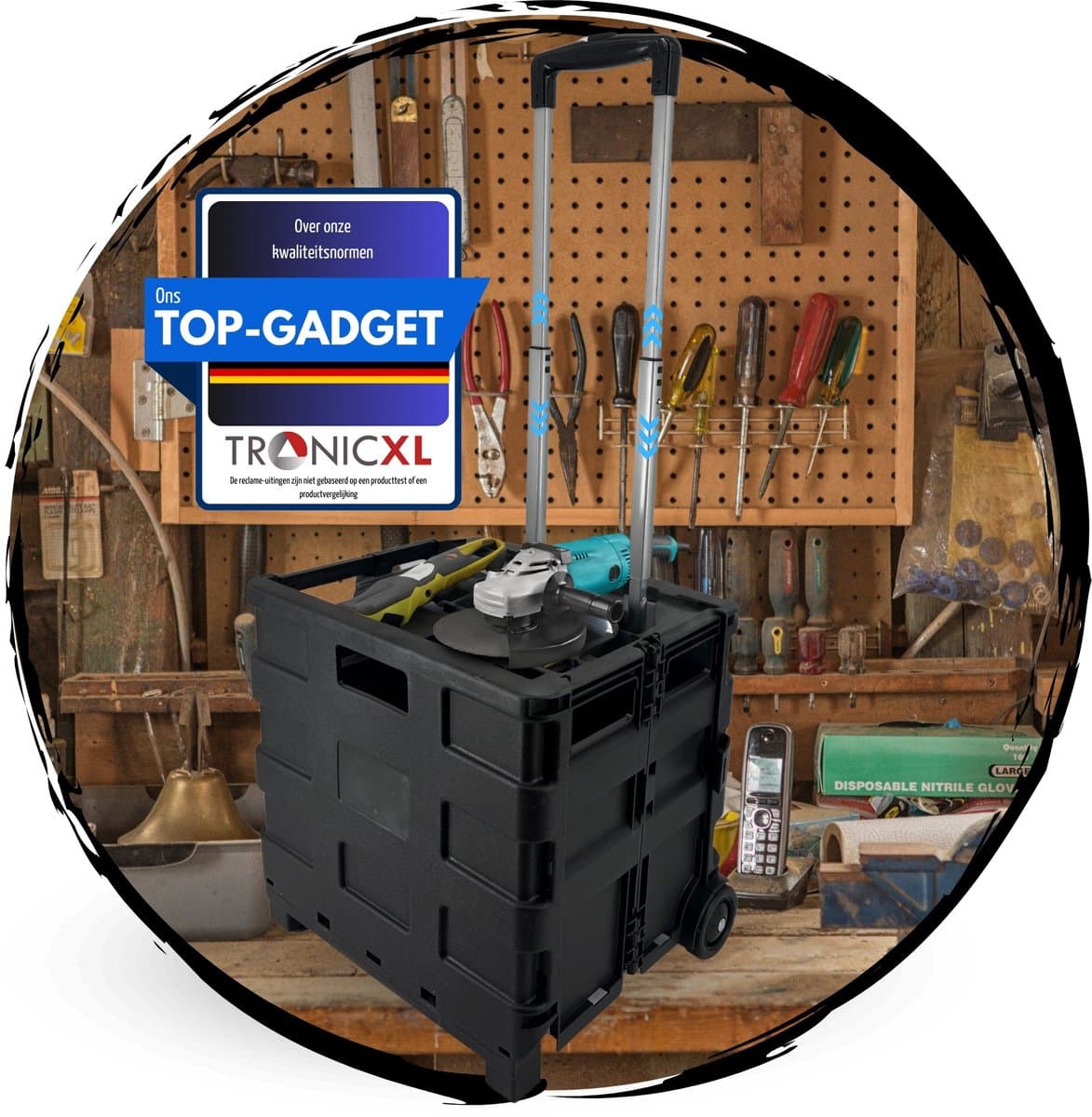 TronicXL Opvouwbare Transporttrolley – Stevige Klapbox met Grote Wielen en Uitschuifbare Telescoopgreep – Ideaal voor Werkplaats, Bouwplaats, Schoonmaakspullen en Gereedschap – Compact en Draagbaar