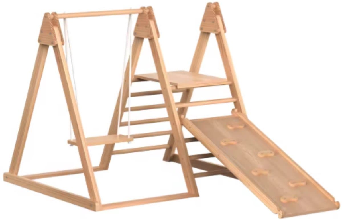 Houten klimrek 3-in-1 - Glijbaan en schommel - Voor kinderen - Voor binnen