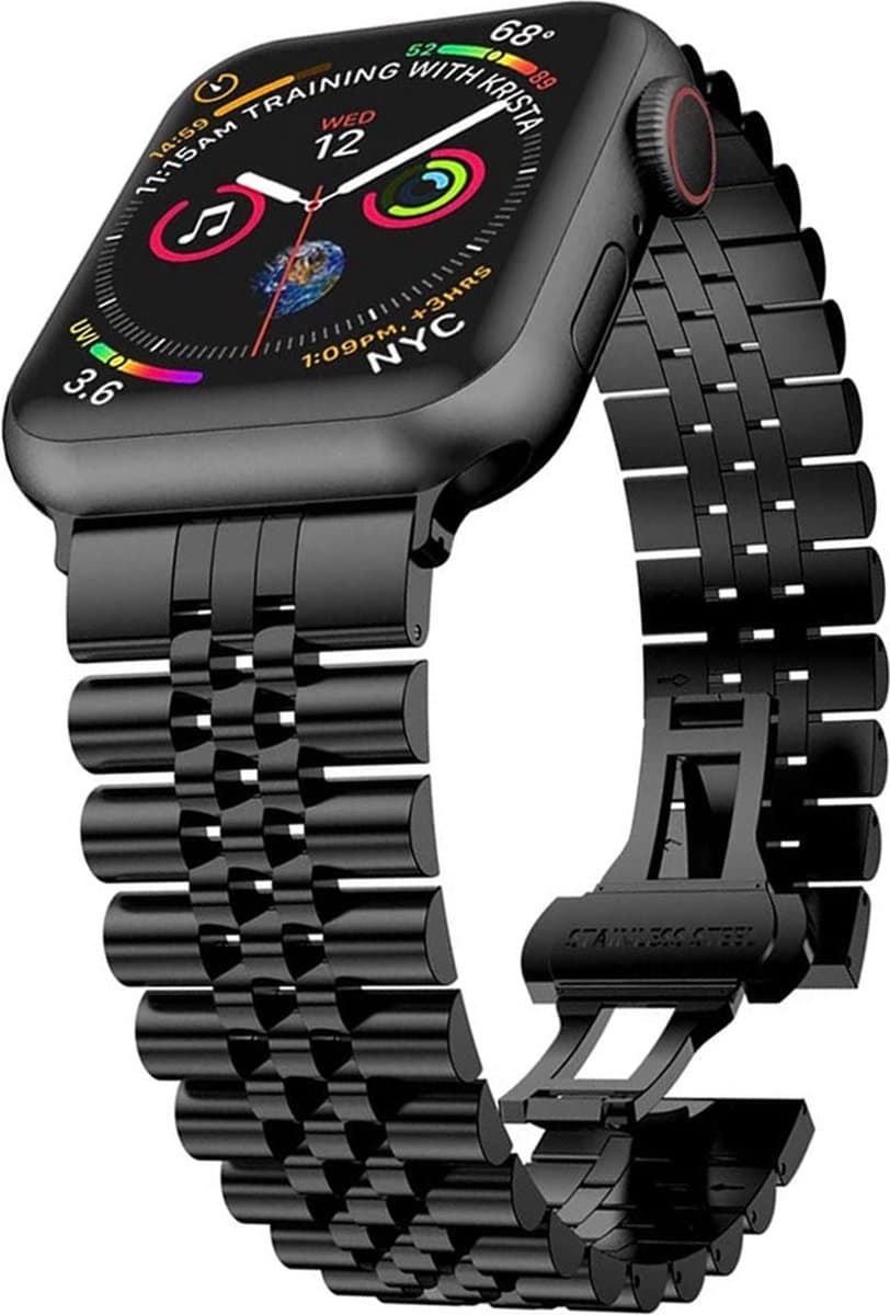 By Qubix - Metalen schakelband - Zwart - Geschikt voor Apple watch 44mm / 45mm / 46mm / 49mm (Ultra 1,2 en 3)