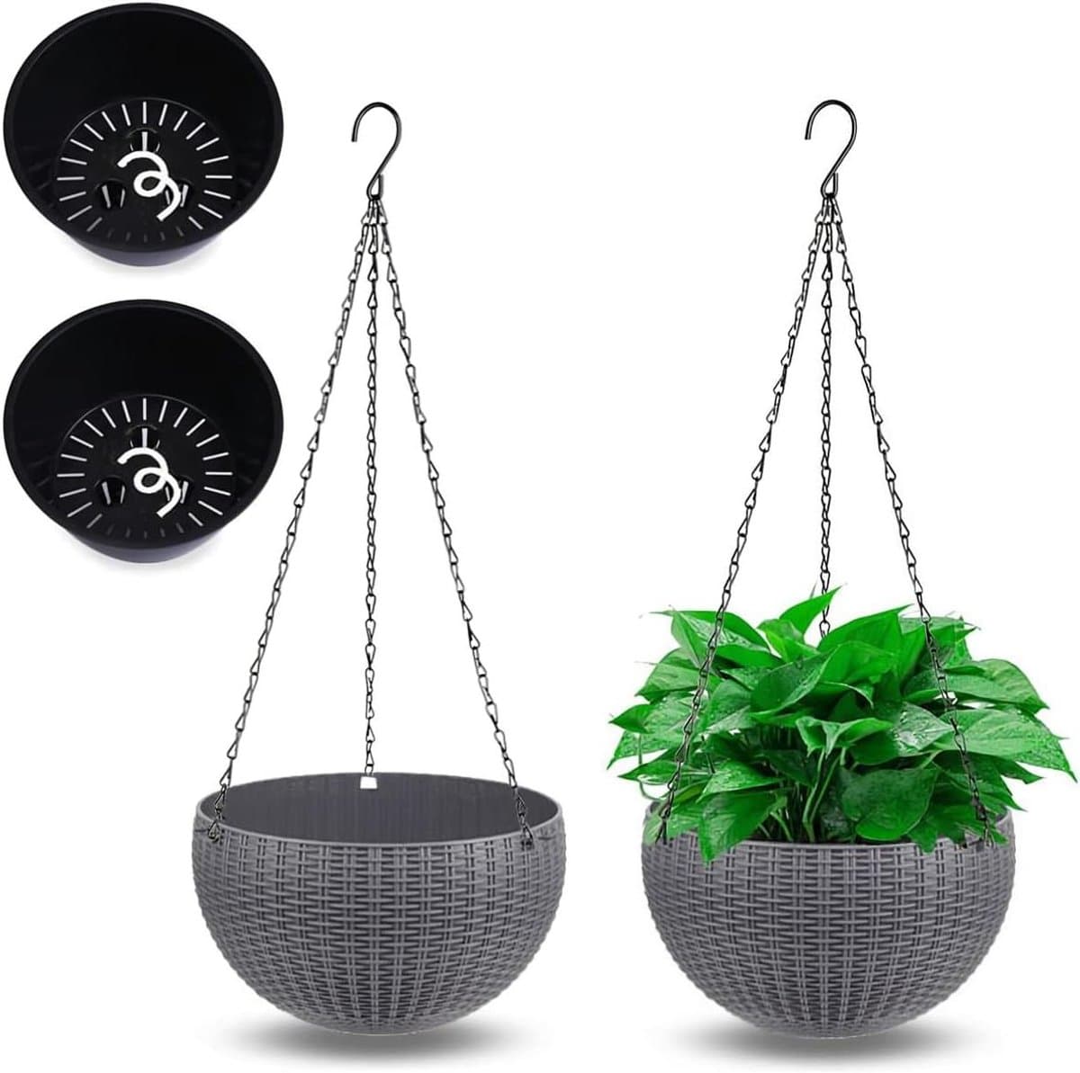 Plantenhangers Set - Hangpotten Bloempotten - Planten Buiten Zetten - Automatische Zelfbewatering - 21 cm Diameter - Antraciet
