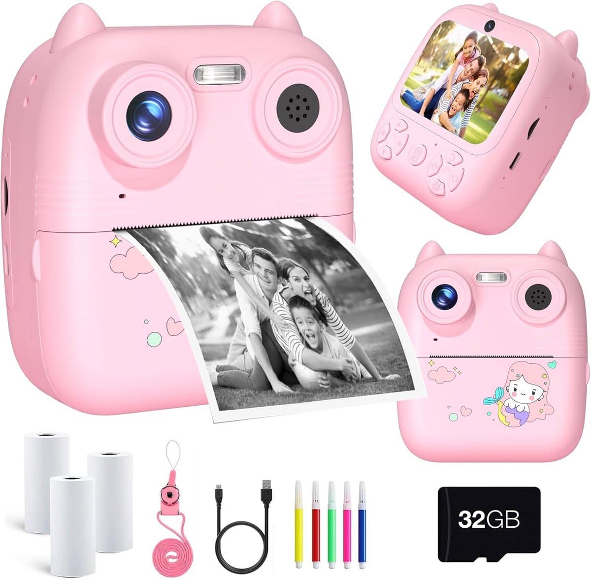 Digitale instant camera voor kinderen, 2,4 inch HD scherm, dubbele camera, direct printen, geschikt voor kinderen vanaf 3 jaar - roze