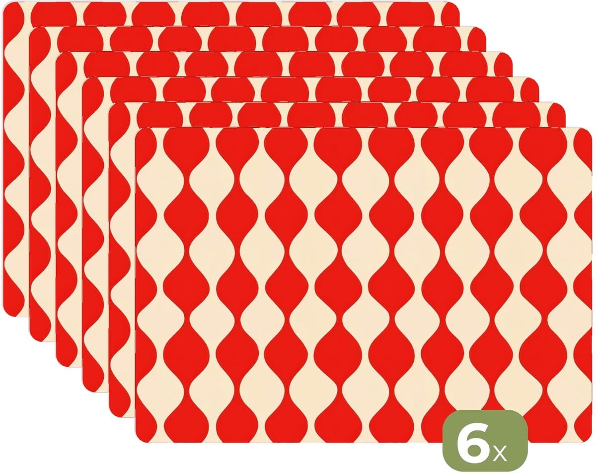 Placemats - 6 stuks - 45x30 cm - Placemat kunststof - Golvend patroon - Retro - Rood - Beige - Borden onderleggers - Decoratie voor op tafel - Keuken tafeldecoratie accessoires - Vinyl onderlegger - Tafelversiering