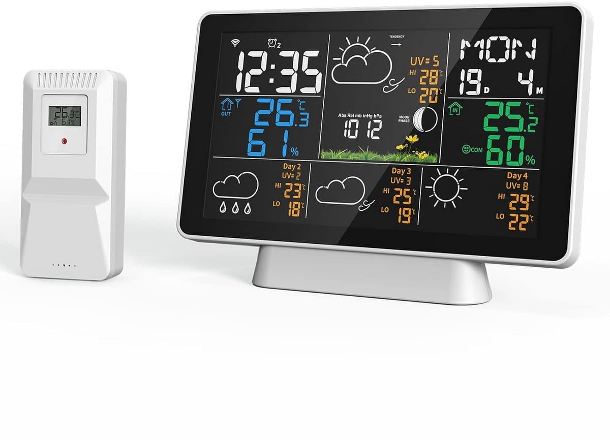Weerstation Binnen Buiten - Weer Monitor - Weer Voorspellen - Wifi Connectie - 7.5 Inch Kleurenscherm - Zwart