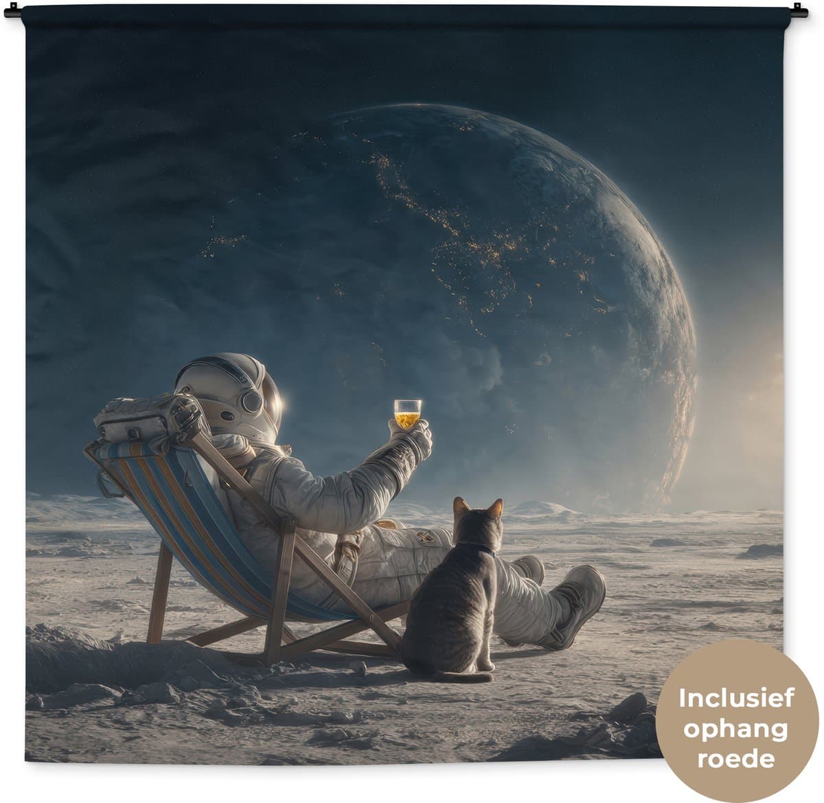 Wandkleed 180x180 cm - Wanddoek Maan - Kat - Astronaut - Ruimte - Wandtapijt - Wandkleden