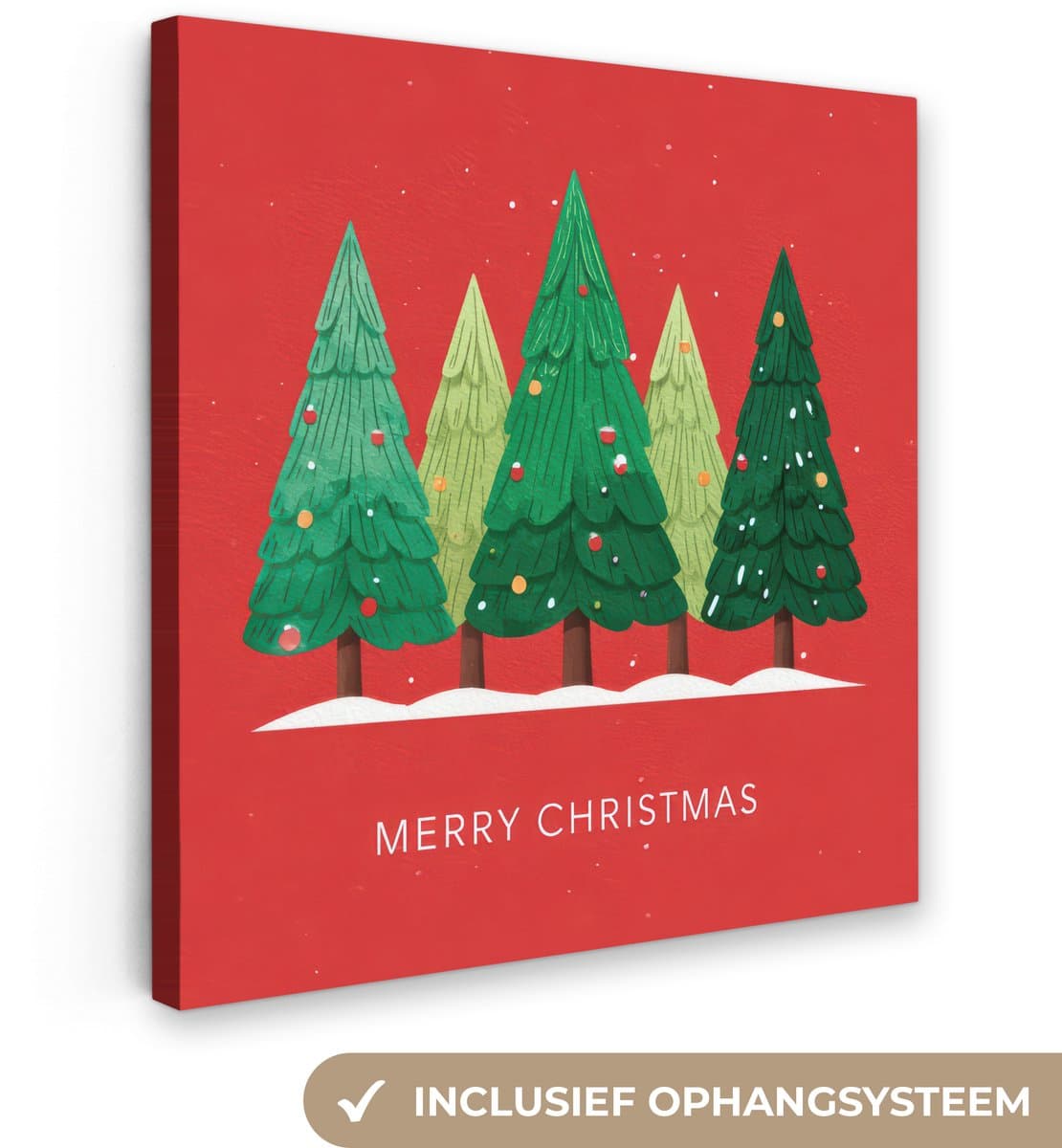Canvas schilderij 90x90 cm - Exclusieve wanddecoratie Minimalistisch - Kerstbomen - Rood - Sneeuw - Muurdecoratie woonkamer - Kamer decoratie - Schilderijen op canvas - Kerstdecoratie voor binnen - Kerstversiering - Kerstmis versiering