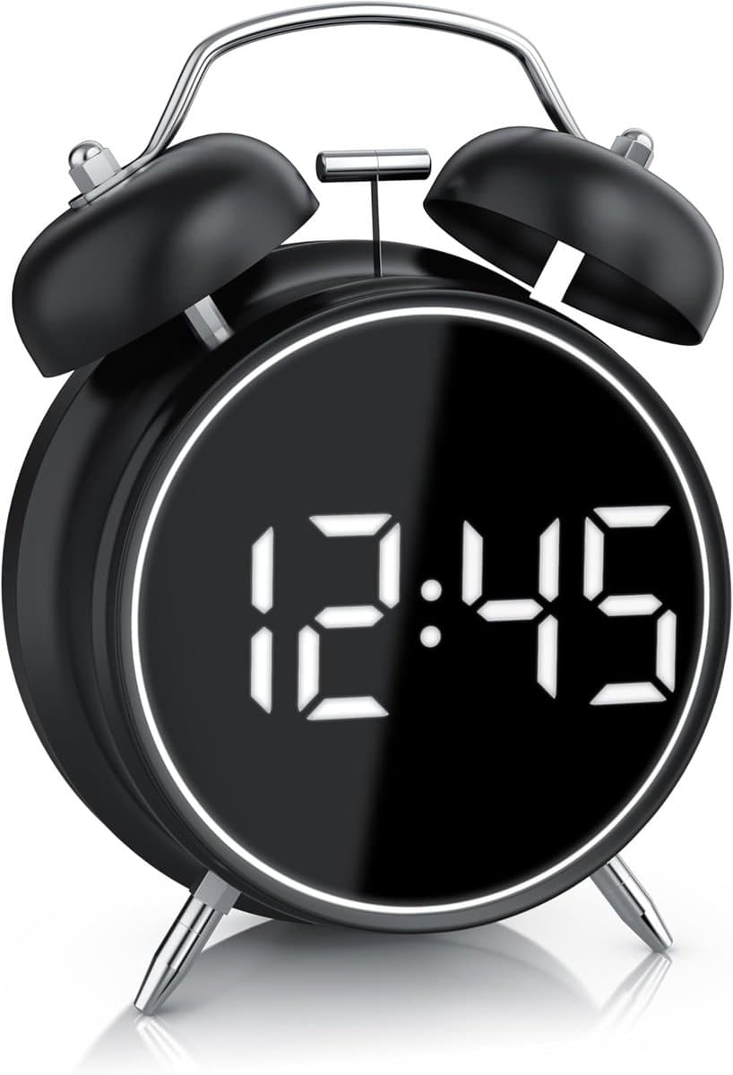 longziming -Digitale Wecker met Retro Design – Extra Luide Glockenalarm en LED Display – Akustische Bediening – Tijd en Datum Weergave – Sluimerfunctie – Batterij- of USB-Aangedreven – Stille Wecker (Zwart)