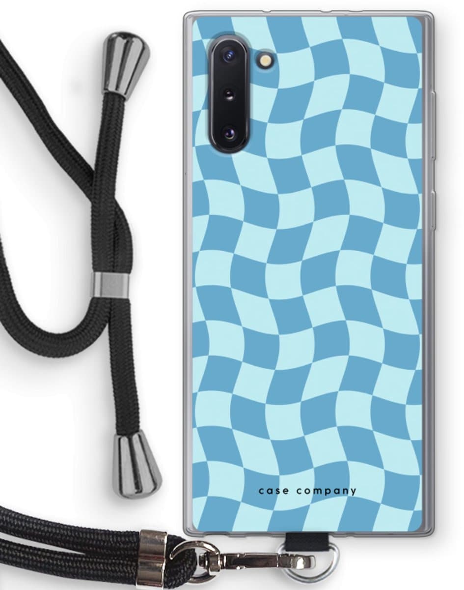 Case Company® - Hoesje met koord geschikt voor Samsung Galaxy Note 10 hoesje met Koord - Grid Blauw - Telefoonhoesje met Zwart Koord - Bescherming aan alle Kanten en Over de Schermrand