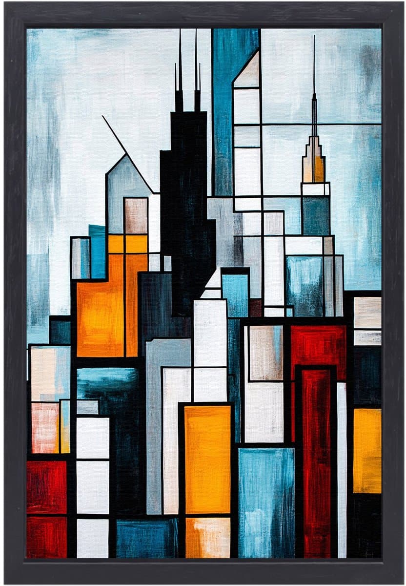 Abstracte skyline in kubisme stijl - Skyline schilderij op canvas - Canvas gebouwen - Kubisme - Canvas in lijst - Decoratie ideeën - Canvas met baklijst 60x90 cm