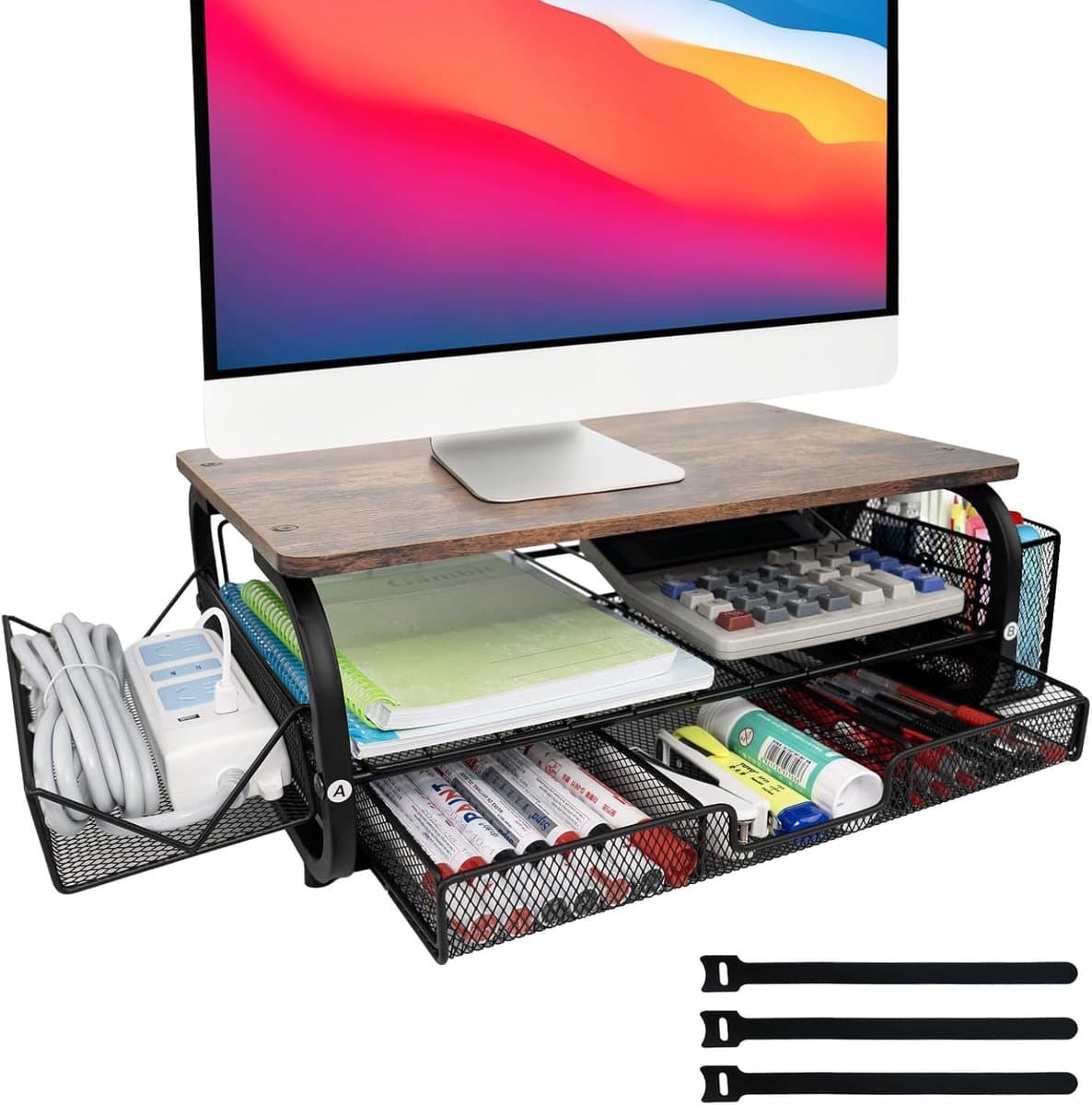 Houten monitorverhoger met trappen, ergonomische desk organizer voor betere werkhouding en ruimtebesparing