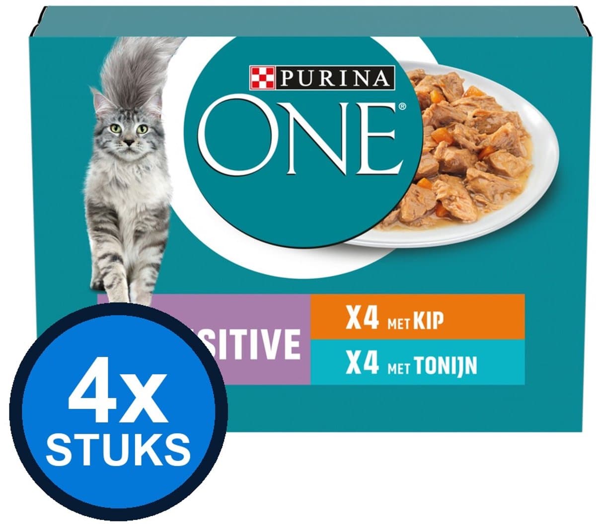 4x Purina One - Sensitive Adult Kip, Tonijn & Wortels in Saus - Kattenvoer Natvoer - 8x85g