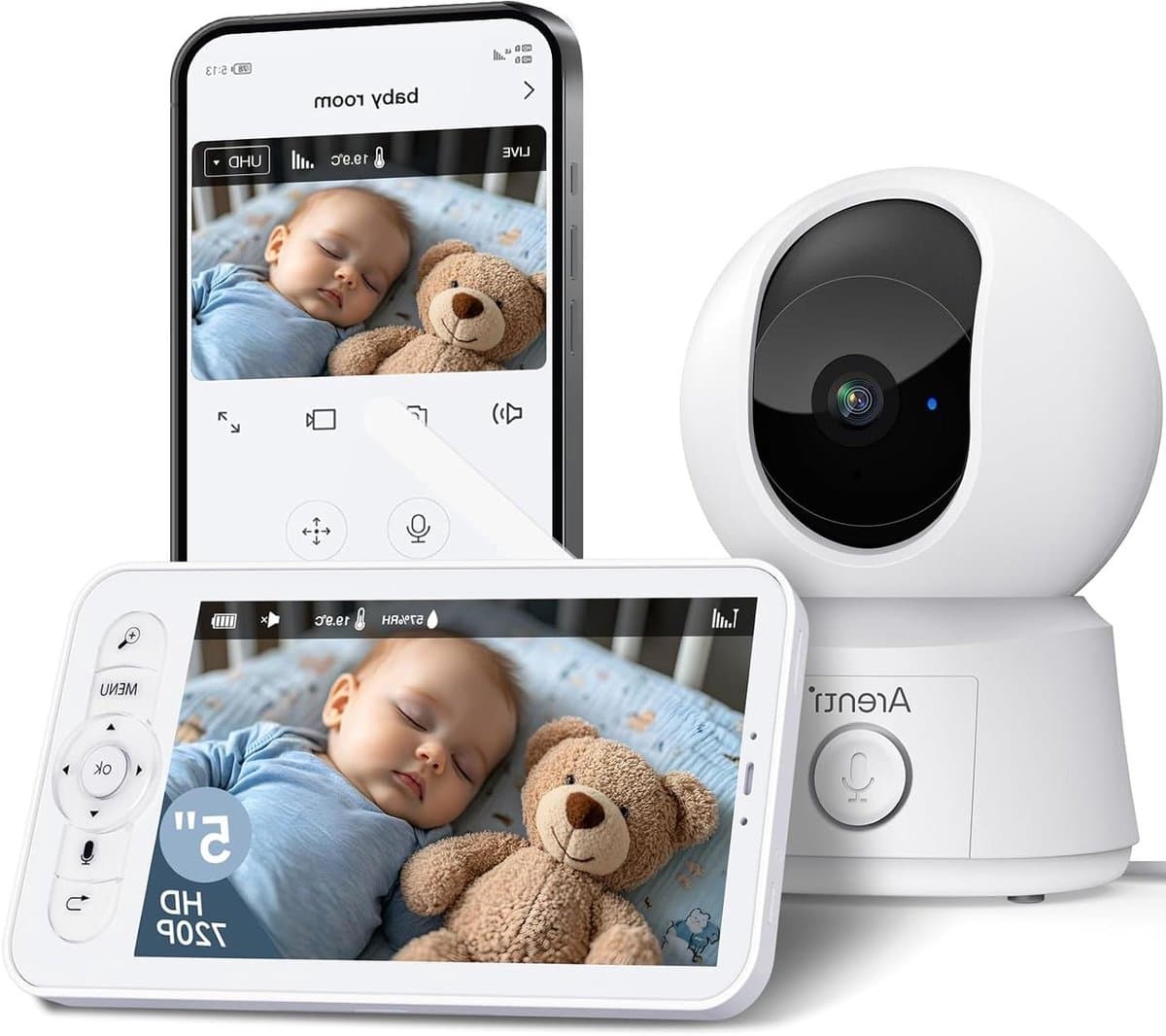 Babyfoon met Camera - Videomonitor App - Baby Bewaken - 360 Graden Rotatie - 5 Inch Scherm - Wit