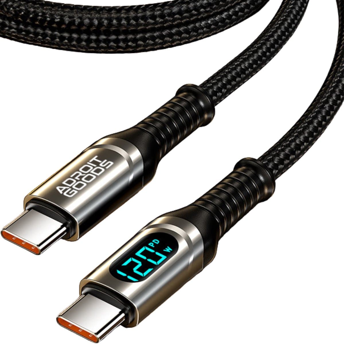 AdroitGoods USB-C naar USB-C Kabel 120W Snellader met Display PD Fast Charge 20Gbps Data Nylon Gevlochten 4K Video Kabel - Zwart 1 m