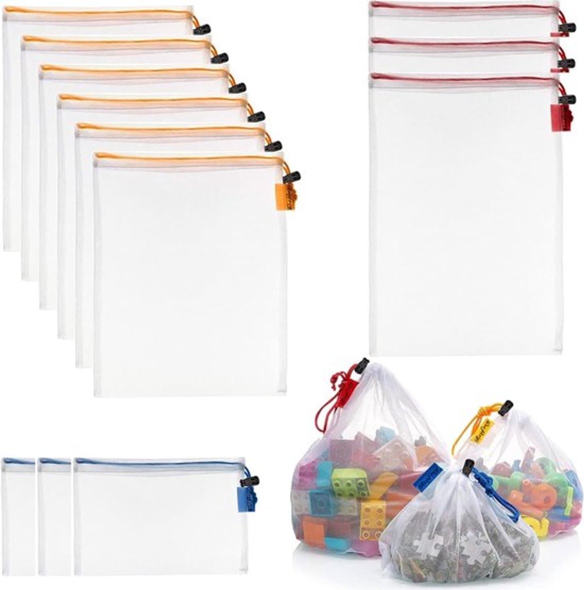 Speelgoedzakken 12 stuks - Wasbare Mesh - Lichtgewicht/Opvouwbaar - Trekkoord - Duurzaam/Polyester - Voor Opslag/Speelgoed - Opbergzakken