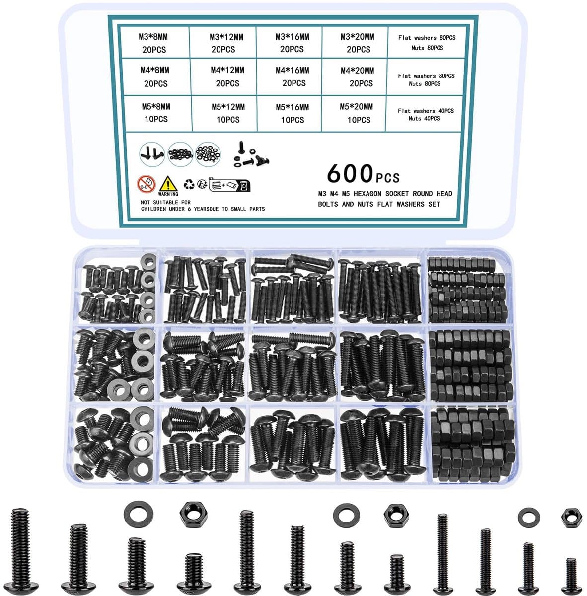 Set van 600 Stuks Schroeven, Moeren en Ringen - M3, M4, M5 Machine Schroeven en Rondkop Schroeven Sortiment