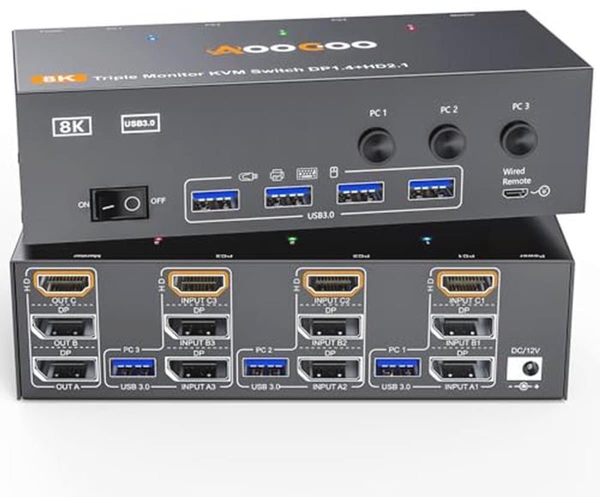 KVM Switch voor 3 Monitoren en 3 Computers - 4K @144Hz en 8K @60Hz met HDMI en DisplayPort