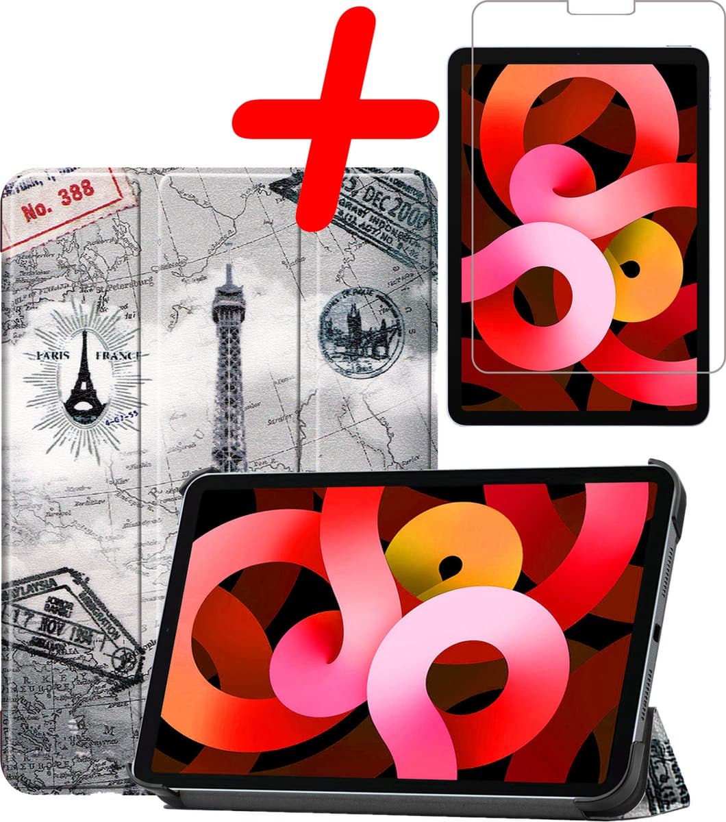 Hoesje Geschikt voor Apple iPad Air 5 (2022) - 10.9 inch - 5e Generatie - M1 - Met Screenprotector - Trifold Bookcase - Hard Cover - Hardcover Book Case - Tablet Hoes - Eiffeltoren