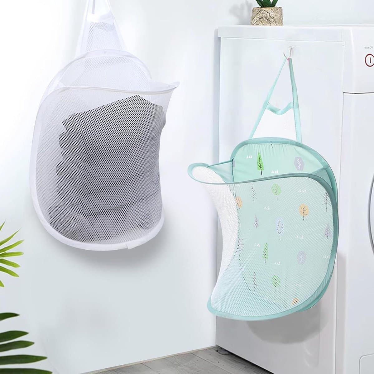 Babywasmand voor kinderkamer - Set van 2 kleine wasmanden in groen en wit met mesh pop-up design, ideaal voor kinderdagverblijf speelgoed opslag