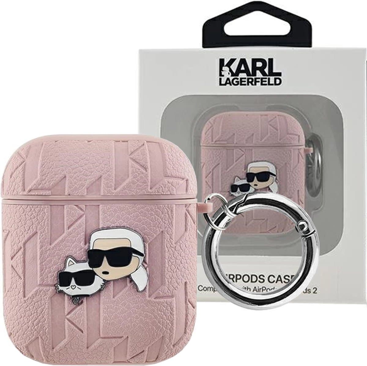 Karl Lagerfeld, Zaak voor AirPods 1/2 met Karl en Choupette-patroon in reliëf, Roze