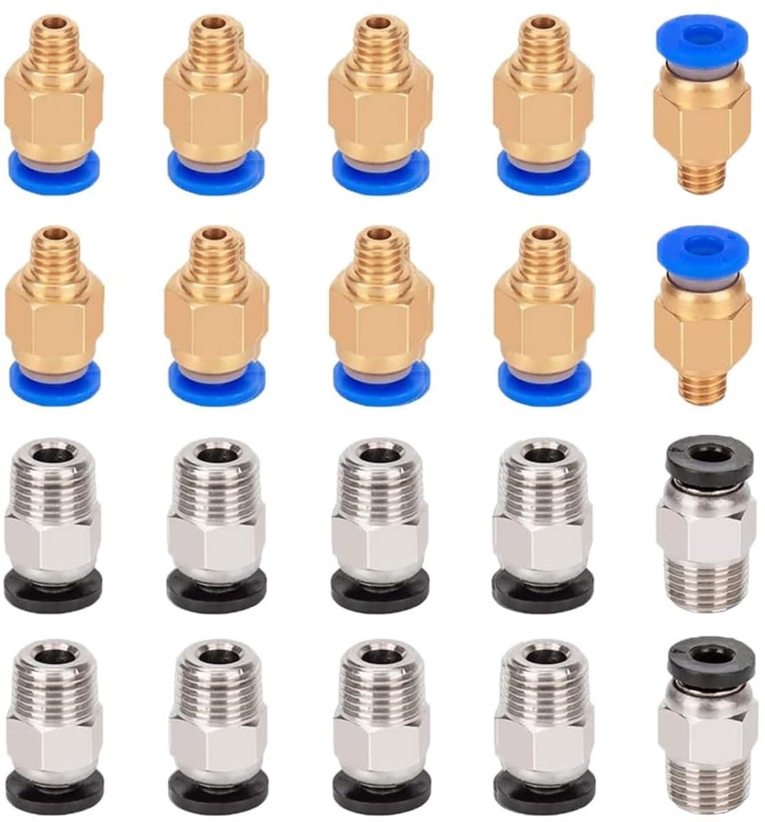Jhubersproducts - 3D-printer-bandenconnectorset - PC4-M6 en PC4-M10 - Koper en kunststof - 20 stuks - Snelkoppeling - Voor 3D-printers