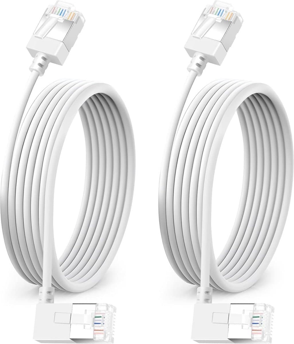 Ultra Thin 90° Rectangular Cat 6A Ethernet Cable 2m 2 Pieces, 10Gbps High-Speed Network Slim Cable, 550Mhz, Rj45 Flexible Ethernet Cable, for PC, Router, Ps4/5 (White)