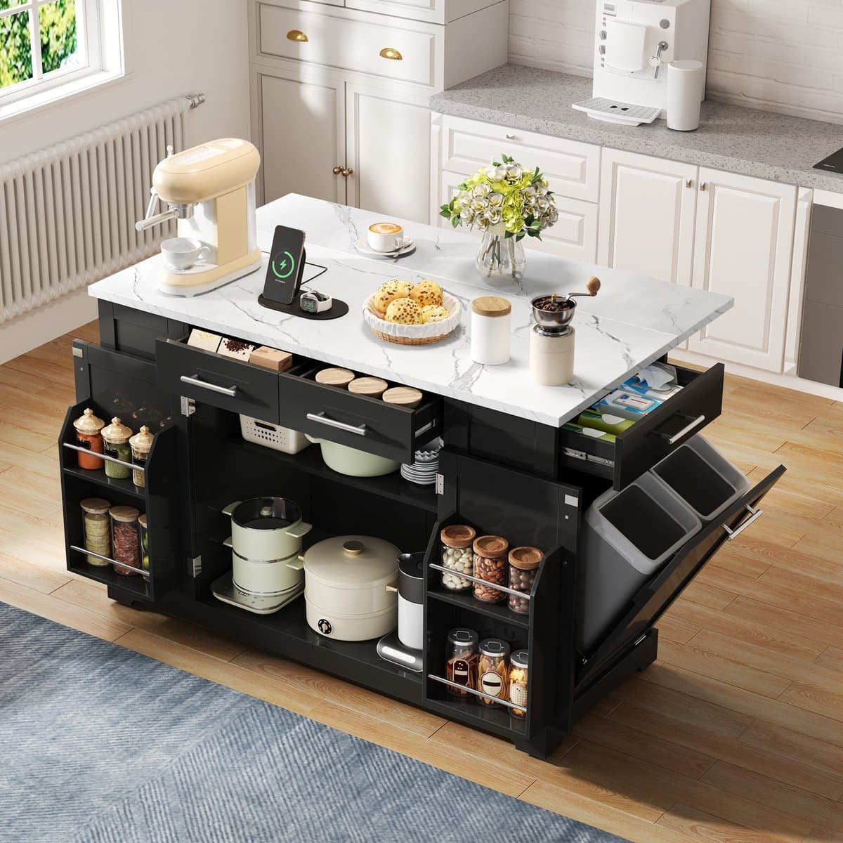HAUSS SPOLE Keukeneiland - Opklapbaar Werkblad Met Stopcontact En USB-C - Mobiel Op Wielen Voor Keuken - MDF Marmerlook - 138x86x92 Cm - Zwart