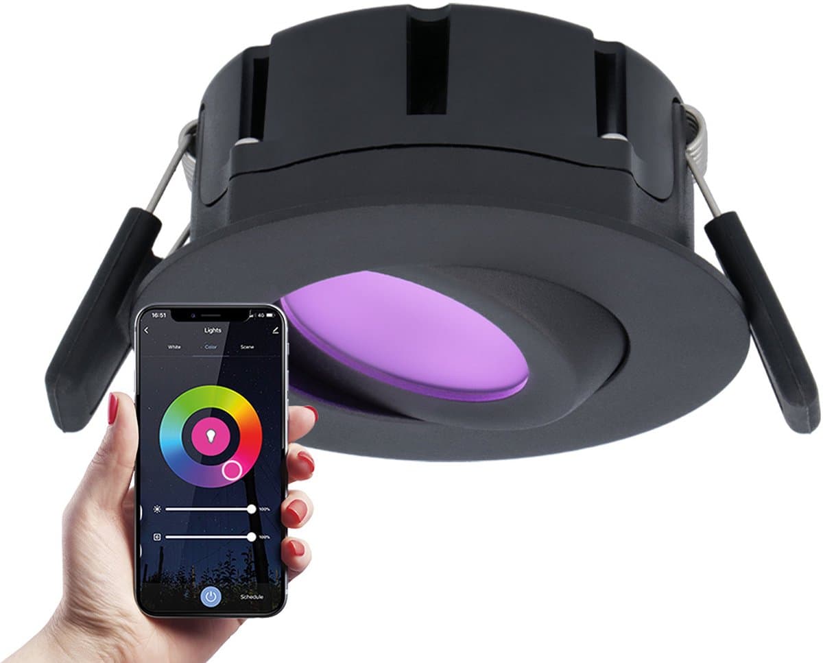 Hoftronic Smart Napels - LED inbouwspot Smart - WIFI + Bluetooth - RGBWW (16 miljoen kleuren) - Zwart - IP44 waterdicht - 8 Watt 600 Lumen - Dimbaar en Kantelbaar - Rond Ø 85 mm - Bedienbaar via Hoftronic Smart® App en smart assistent
